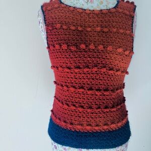 Vintage Handmade Crochet Sweater Vest – Orange & Navy Color Block Bobble Stitch